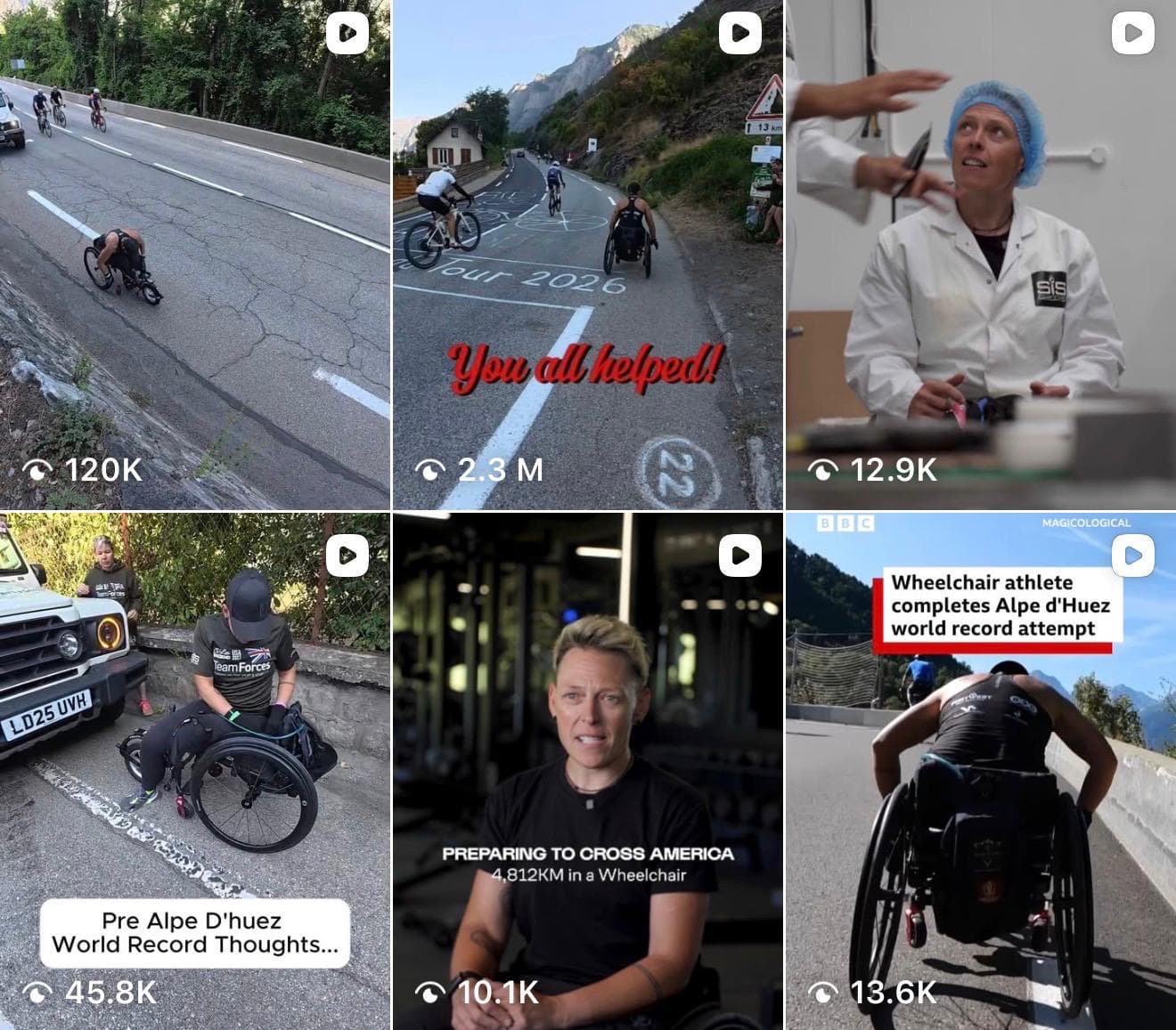 Grid of Lexi's recent reels with their view counts, from 10.1K up to 2.3 million